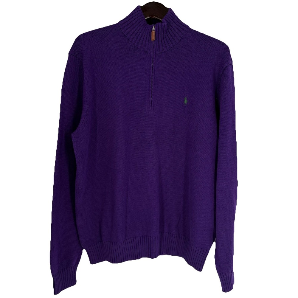 Polo Ralph Lauren Mens Vintage Quarter Zip Cotton Sweater Size XL Purple Logo